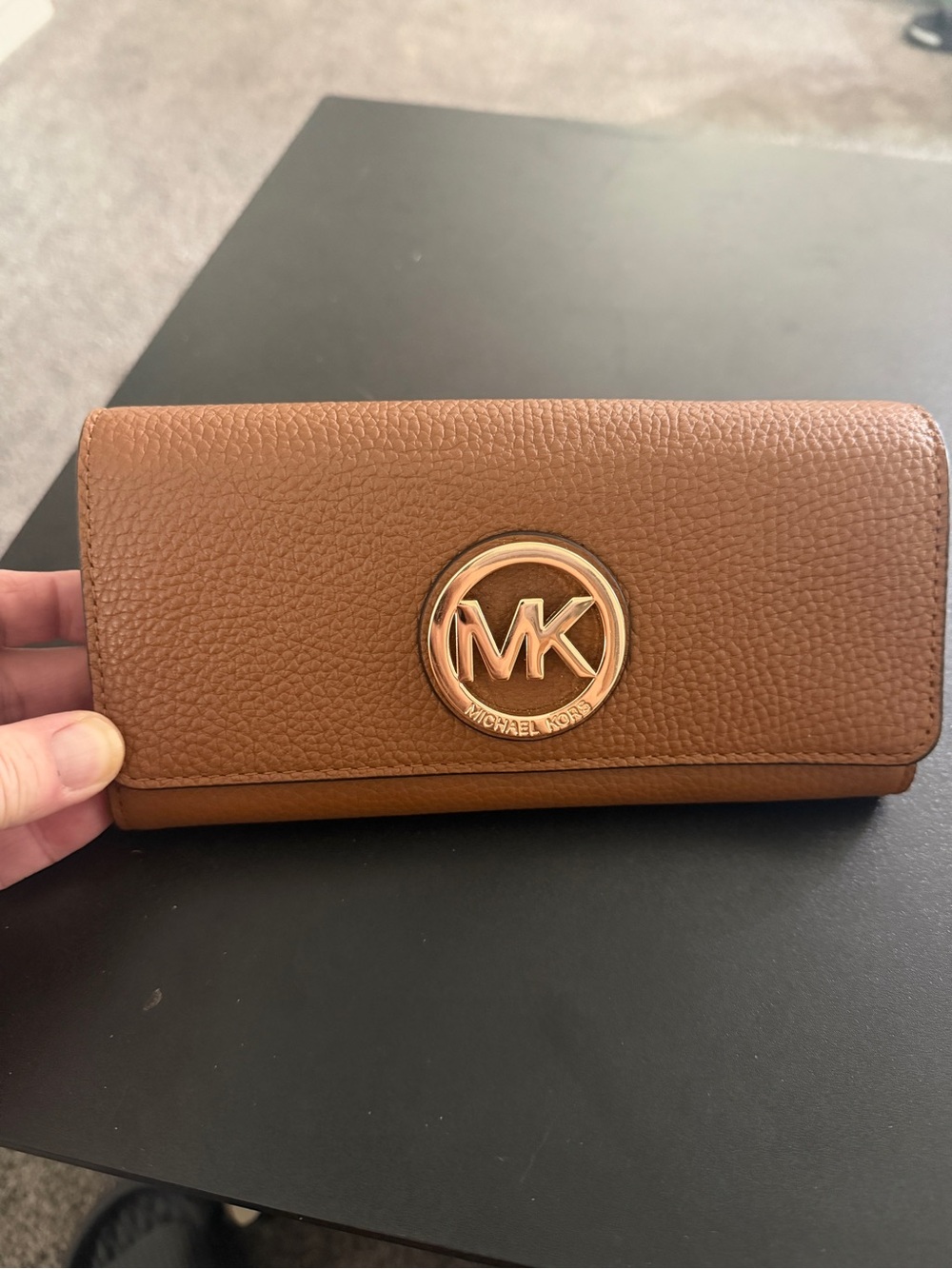 Michael Kors Cognac Pebbled Leather MK Logo Continental Wallet